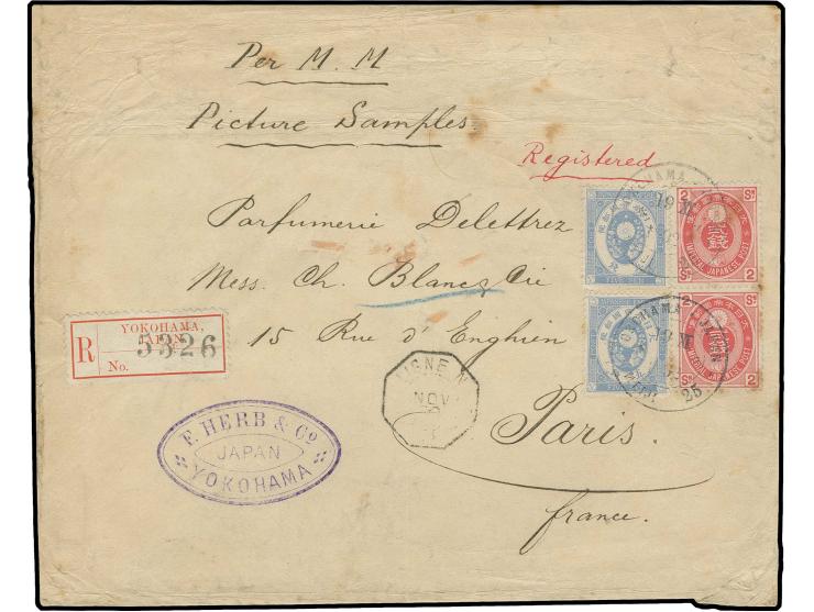 1883, UPU Koban 2s. and 5s., 2 copies each, tied by  cds. "YOKOHAMA  JAPAN MEIJI 25 / 19 XI. 1892" to registered printed matt