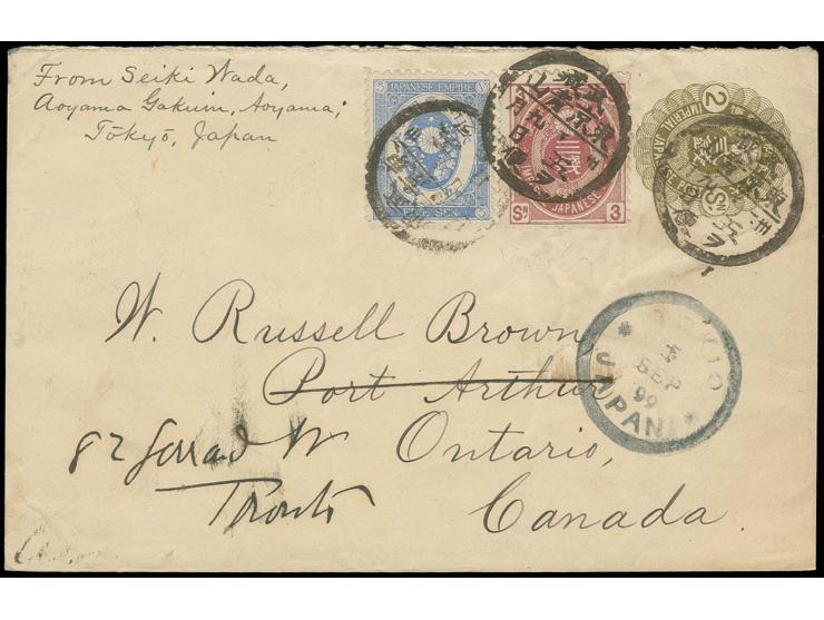 5 s. with New Koban 3s. tied to envelope 2s. from Tokio 1899 to Canada, here redirected, arrival marks; 3s. slight wrinkles