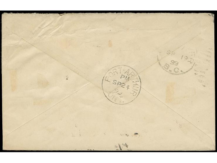 5 s. with New Koban 3s. tied to envelope 2s. from Tokio 1899 to Canada, here redirected, arrival marks; 3s. slight wrinkles