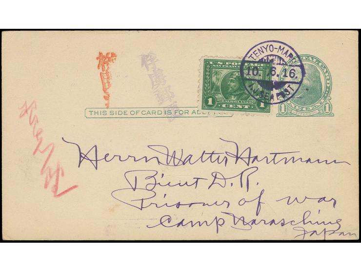 "TENYO-MARU I.J. SEA POST 10.6.16", clear violet cds. on US postcard with additional franking from San Francisco (Wells Fargo