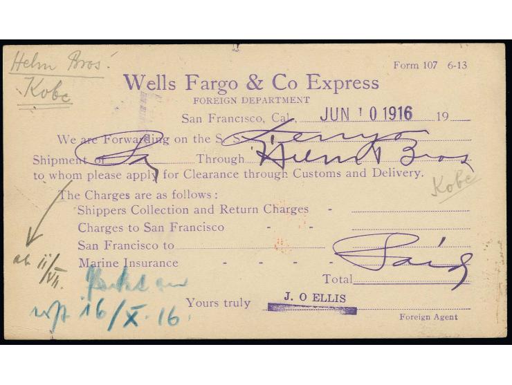 "TENYO-MARU I.J. SEA POST 10.6.16", clear violet cds. on US postcard with additional franking from San Francisco (Wells Fargo