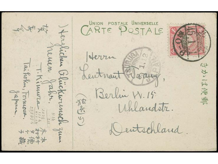 POST IN TAIWAN: Tazawa 4s. rose tied by cds. to postcard from Taihoku to Germany with adjacent "TSURUGA JAPAN 5.1.12"