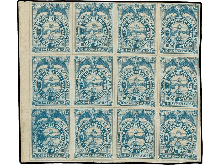 1878, 10 c. blue on thick paper, marginal block of 12 with good to large margins, unused o.g., faint horizontal crease in the