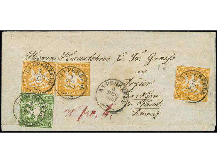  1859, 3 Kreuzer gelborange, 3 Einzelwerte, 2 einseitig leicht berührt, in Mischfrankatur mit 1860, 6 Kreuzer grün, letztere 