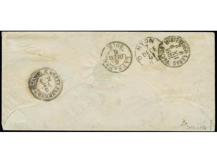  1859, 3 Kreuzer gelborange, 3 Einzelwerte, 2 einseitig leicht berührt, in Mischfrankatur mit 1860, 6 Kreuzer grün, letztere 