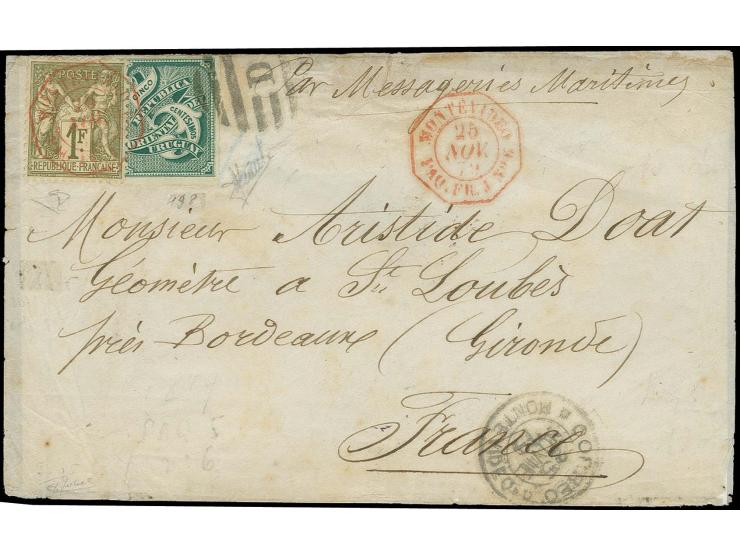 1877, 5 c. green, tied by barred oval "D" to envelope with combination franking France type Sage 1 fr., tied by red "MONTEVID
