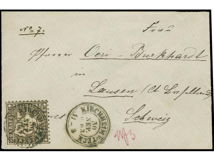  1863, 9 Kreuzer schwarzbraun, farbfrisch und gut gezähnt mit sauberem Kr. "KIRCHHEIM U/TECK 30 SEP. 1863" auf kleinem Briefk
