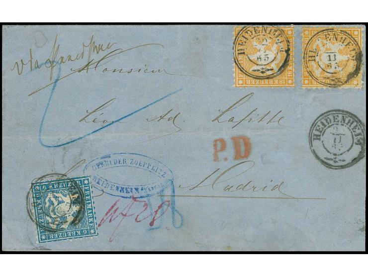 SPANIEN: 1863, 18 Kreuzer gelblichorange, 2 Einzelwerte zusammen mit 6 Kreuzer blau, alle farbfrisch und üblich gezähnt mit K