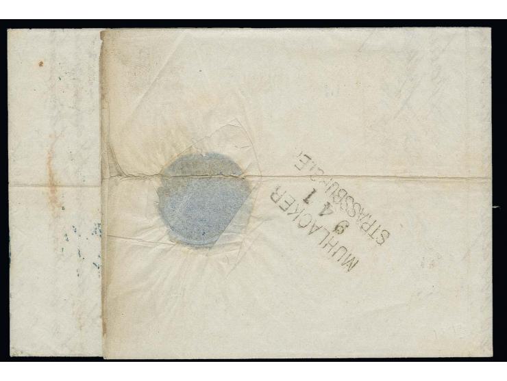  2 Gr. grauultramarin und 2½ Gr. rötlichbraun mit "KDPA CONSTANTINOPEL 2/4 73" auf kpl. Faltbrief nach Paris mit blauem Grenz
