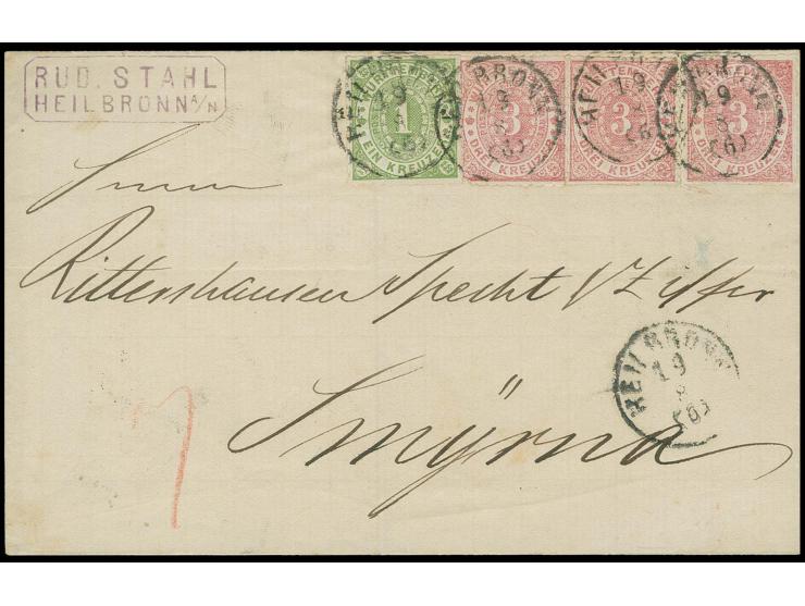TÜRKEI: 1869, 1 Kreuzer grün und 3 Stück 3 Kreuzer rosa als Streifen geklebt mit EKr. "HEILBRONN 19 8" (1872) auf Briefhülle 