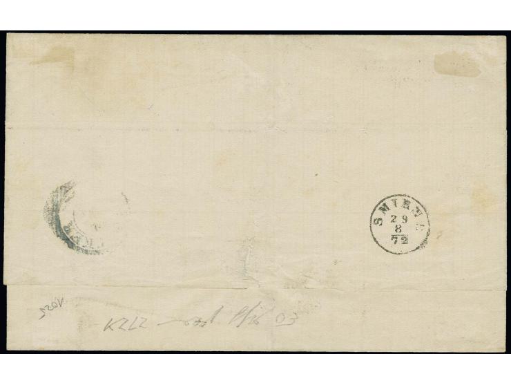 TÜRKEI: 1869, 1 Kreuzer grün und 3 Stück 3 Kreuzer rosa als Streifen geklebt mit EKr. "HEILBRONN 19 8" (1872) auf Briefhülle 