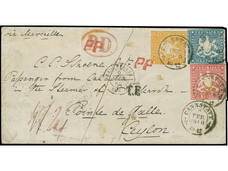 CEYLON: 1857, 18 Kreuzer hellblau und 3 Kreuzer orangegelb in Mischfrankatur mit 1859, 9 Kreuzer karmin, alle farbfrisch und 