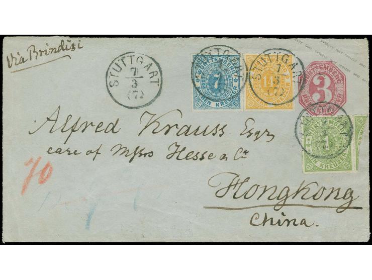 CHINA: 1869, 1 Kreuzer gelbgrün, 7 Kreuzer blau und 14 Kreuzer gelborange, alle farbfrisch und gut durchstochen als Zufrankat