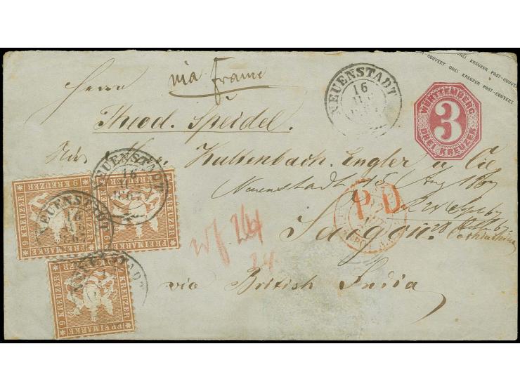 COCHIN-CHINA: 1863, 9 Kreuzer rötlichbraun, 3 Einzelwerte, farbfrisch und mit ausgabentypischer Zähnung, als Zufrankatur auf 