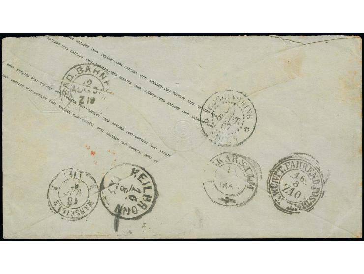 COCHIN-CHINA: 1863, 9 Kreuzer rötlichbraun, 3 Einzelwerte, farbfrisch und mit ausgabentypischer Zähnung, als Zufrankatur auf 