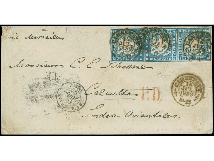 INDIEN: 1857, 18 Kreuzer tiefblau im waagerechten 3er-Streifen, für diese Ausgabe sehr gut geschnitten, oben mit schmalem Bog