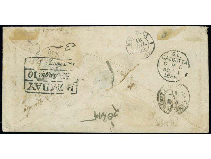 INDIEN: 1857, 18 Kreuzer tiefblau im waagerechten 3er-Streifen, für diese Ausgabe sehr gut geschnitten, oben mit schmalem Bog