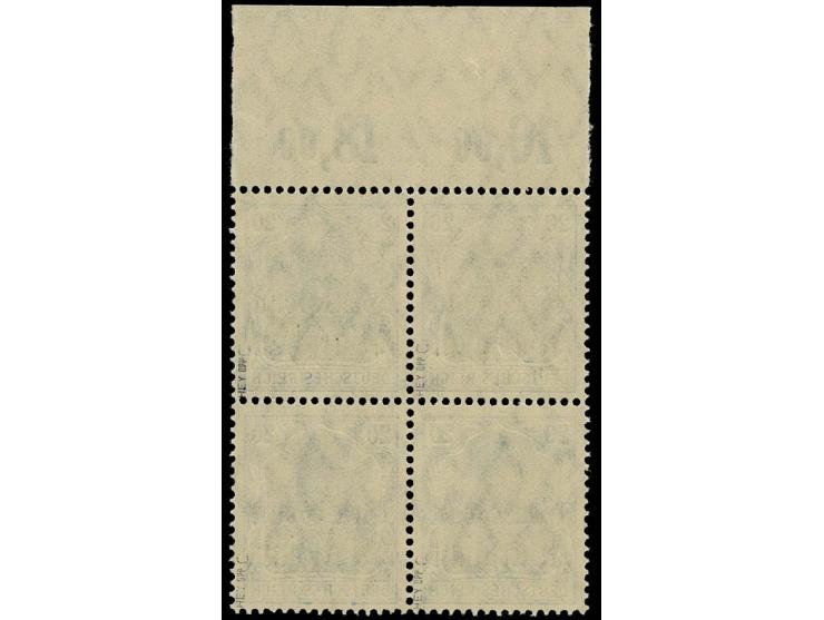 1916/17, 20 Pfg. ultramarin, postfrischer 4er-Block vom Oberrand im Plattendruck, tadellos, sign. Hey BPP