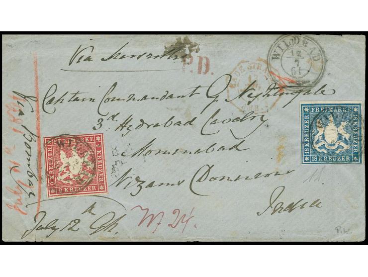  1859, 18 Kreuzer blau, noch voll- bis breitrandig zusammen mit leicht berührter 9 Kreuzer karmin mit jeweils sauberem Kr. "W