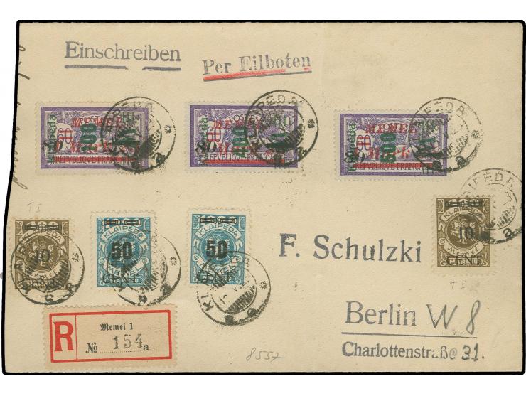 1923, 100 M. - 500 M. auf 80 M. mit Zufrankatur mit Stempel "KLAIPEDA 15.V.23" auf R-Brief nach Berlin, Brief links beschnitt