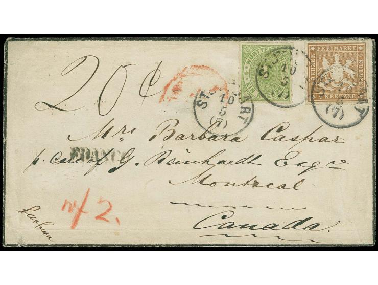 KANADA: 9 Kreuzer rötlichbraun in Mischfrankatur mit 1869, 1 Kreuzer gelbgrün mit EKr. "STUTTGART 10 5" (1871) auf Trauer-Kuv