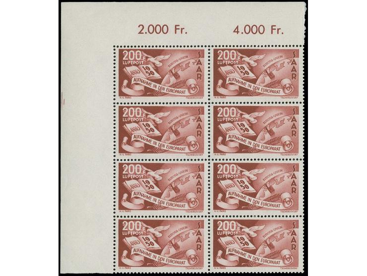 1950, Europarat 25 und 200 Fr., postfrische 8er-Blocks aus der linken oberen Bogenecke, bei 25 Fr. eine Marke mit Heftpunkt s