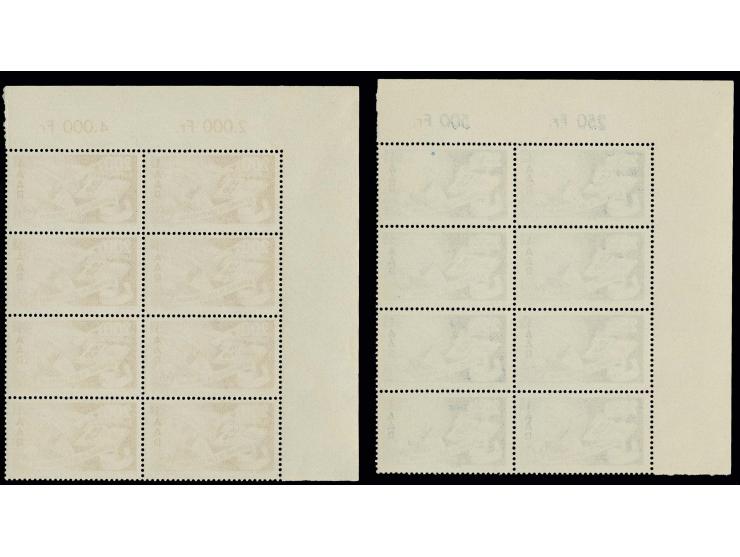 1950, Europarat 25 und 200 Fr., postfrische 8er-Blocks aus der linken oberen Bogenecke, bei 25 Fr. eine Marke mit Heftpunkt s