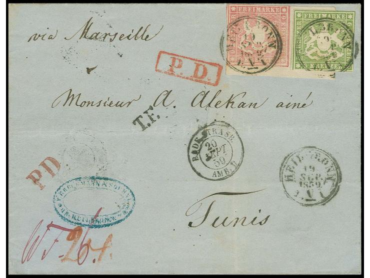 TUNESIEN: 1857, 9 Kreuzer karminrosa, rechte untere Bogenecke mit ca. 17 mm rechtem und 3,5 mm unterem Bogenrand zusammen mit
