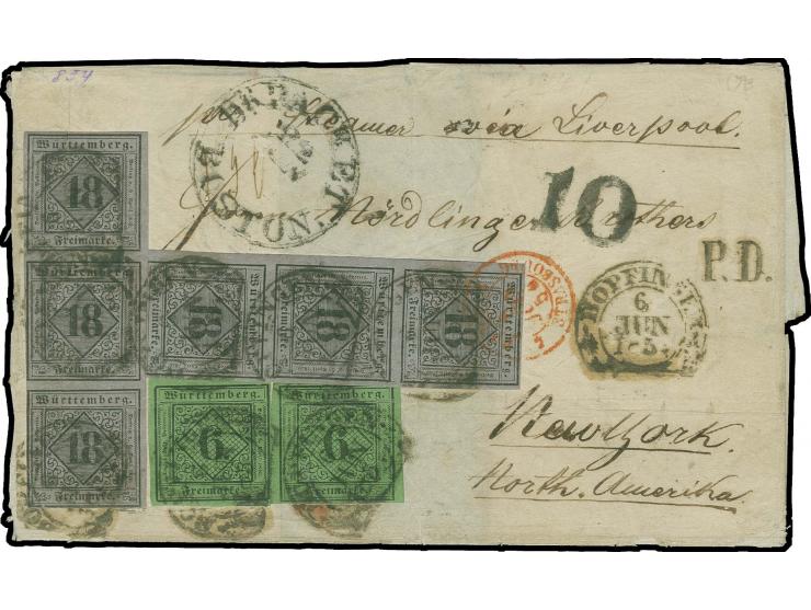 VEREINIGTE STAATEN: 1851, 18 Kreuzer auf bläulichviolett, 2 senkrechte 3er-Streifen, dabei jeweils ein Wert in Type II, mit 2