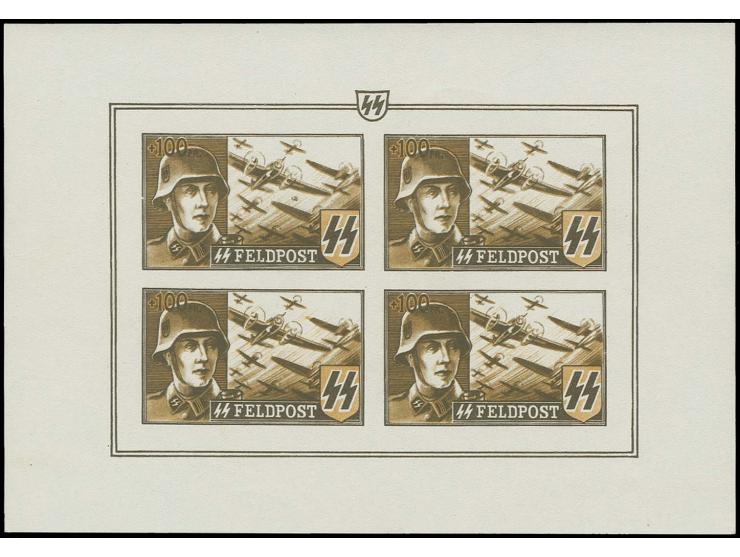 1943, nicht ausgegebene Werte 'Soldaten und Flugzeuge' komplett in geschnittenen Kleinbogen, 15, 25 und 50 Fr. je mit kleiner