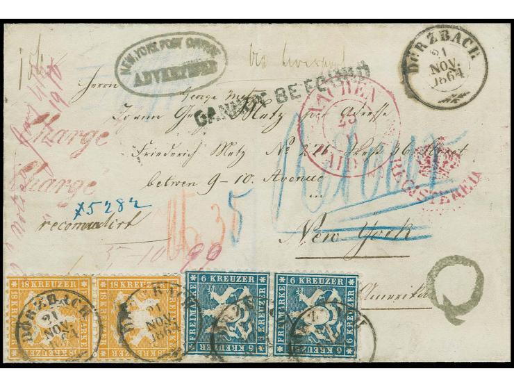  1863, 18 Kreuzer gelborange und 6 Kreuzer blau, je im senkrechten Paar mit DKr. "DÖRZBACH 21 NOV. 1864" auf eingeschriebener