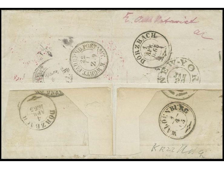  1863, 18 Kreuzer gelborange und 6 Kreuzer blau, je im senkrechten Paar mit DKr. "DÖRZBACH 21 NOV. 1864" auf eingeschriebener