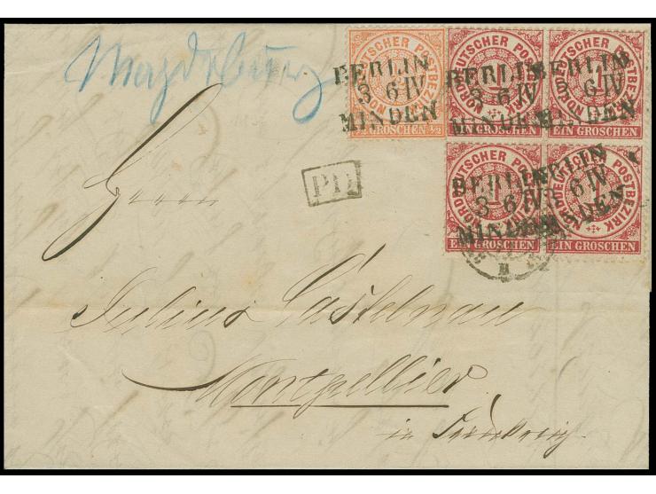 FRANKREICH: 1869, 1 Groschen karmin im 4er-Block und ½ Groschen orange, alle farbfrisch und gut gezähnt mit Bahnpost-L2 "BERL