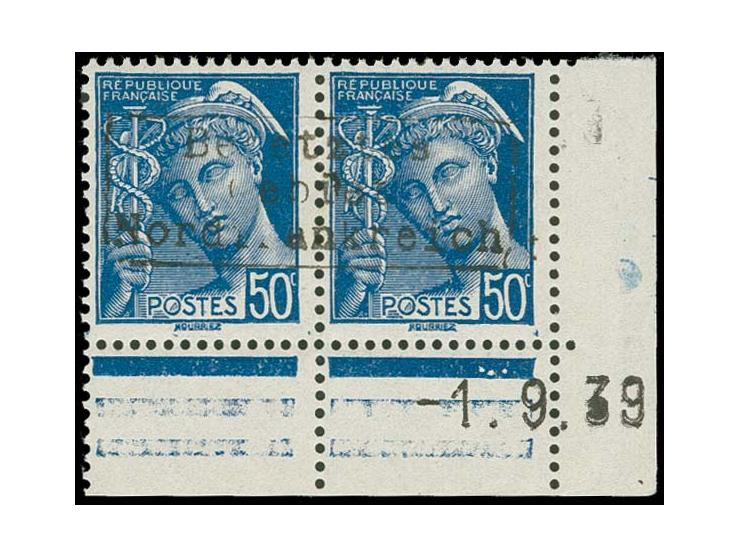 Aufdruck in Type II: 50 C. blau im waagerechten Paar aus der rechten unteren Bogenecke mit kpl. Druckdatum, rückseitig mit Te