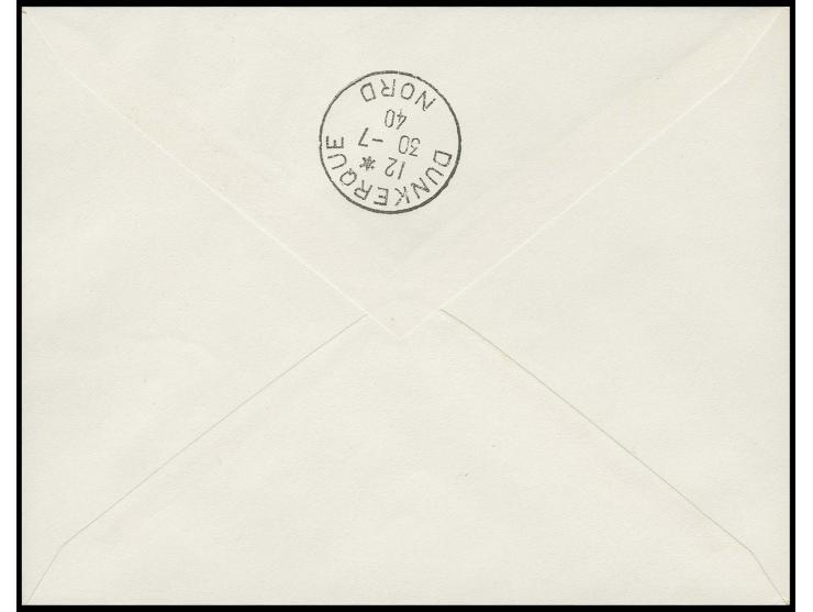 Publikumsvorlagen: 50 C. im senkrechtem Paar, Aufdrucktype I, mit Stempel "GHYVELDE 29 -7 40" auf Brief nach Dünkirchen mit A