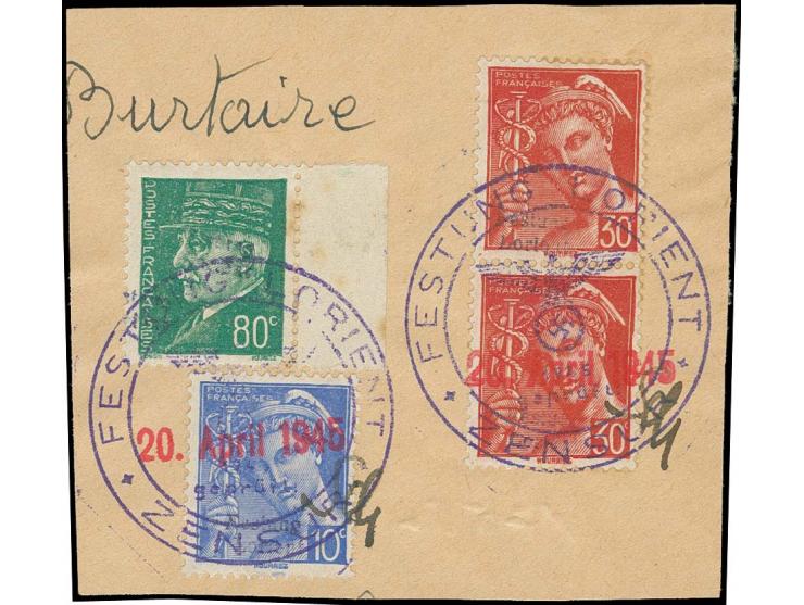 30 C. im senkrechten Paar und 10 und 80 C. einzeln mit Stempel "FESTUNG LORIENT ZENSUR 20.APRIL.1945" auf Briefstück, 80 C. l
