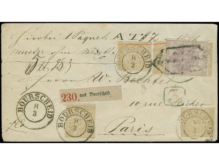  1869, 5 Groschen ocker, 5 Einzelwerte mit DKr. "BOURSCHEID 8 3" auf Paketbegleitbrief für ein "Muster ohne Werth" nach Paris