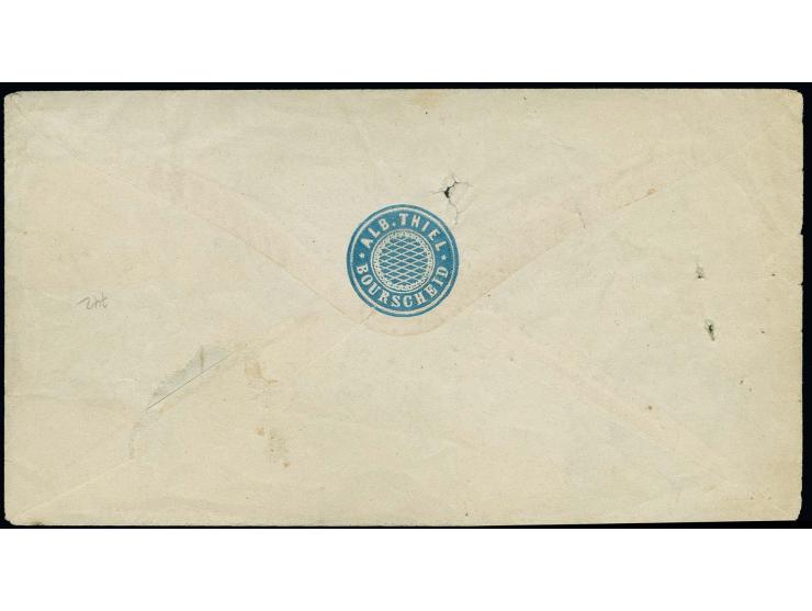  1869, 5 Groschen ocker, 5 Einzelwerte mit DKr. "BOURSCHEID 8 3" auf Paketbegleitbrief für ein "Muster ohne Werth" nach Paris