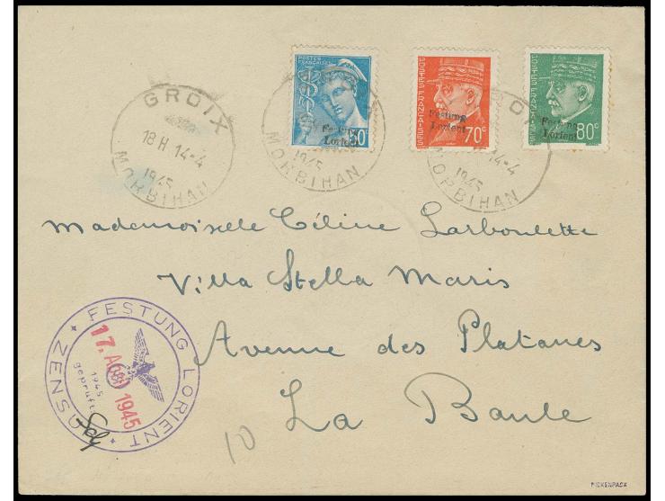 50, 70 und 80 C. mit Stempel "GROIX MORBIHAN 18 H 14-4 1945" auf portogerechtem Brief nach La Baule mit nebengesetzem Stempel
