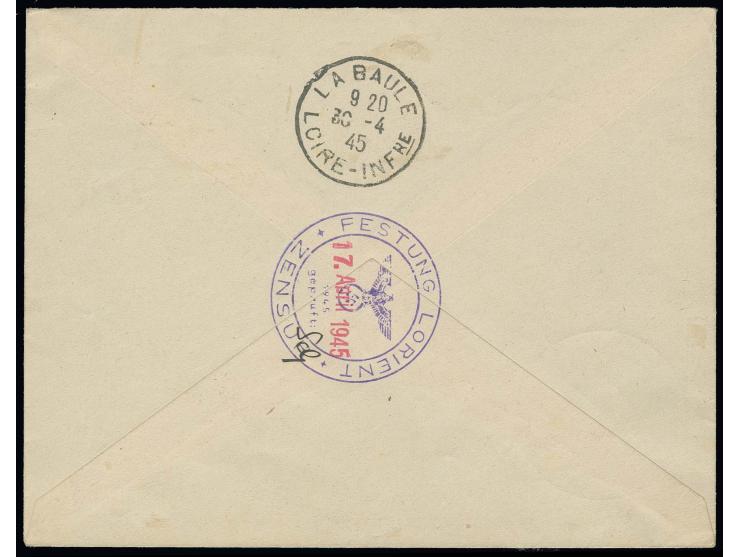50, 70 und 80 C. mit Stempel "GROIX MORBIHAN 18 H 14-4 1945" auf portogerechtem Brief nach La Baule mit nebengesetzem Stempel