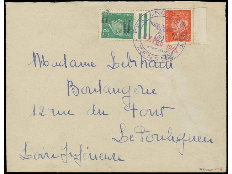 80 C. mit Oberrand mit doppeltem Aufdruck und 70 C. mit rechtem Seitenrand mit Stempel "FESTUNG LORIENT ZENSUR 27.Feb.1945" a