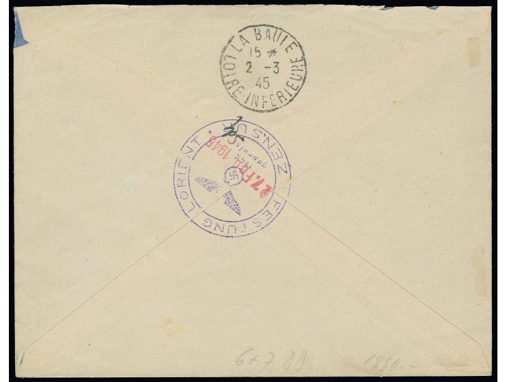 80 C. mit Oberrand mit doppeltem Aufdruck und 70 C. mit rechtem Seitenrand mit Stempel "FESTUNG LORIENT ZENSUR 27.Feb.1945" a