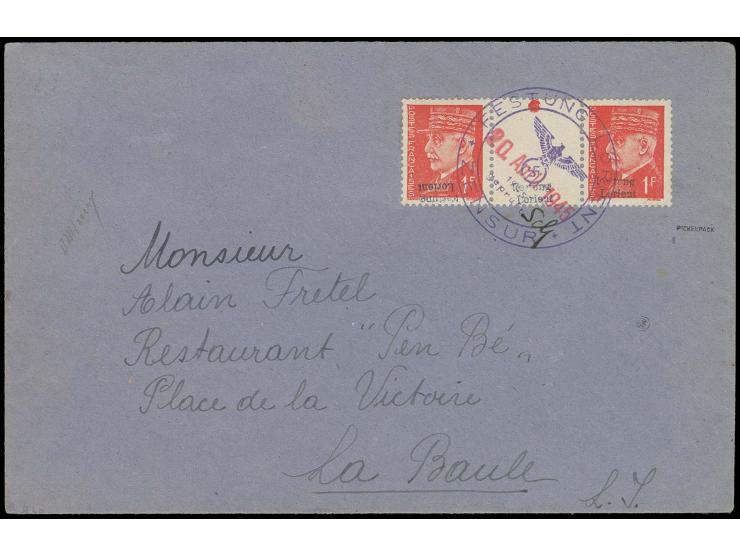 1 Fr. im waagerechten Zwischenstegpaar, die linke Marke mit kopfstehendem Aufdruck, mit STEMPEL "FESTUNG LORIENT ZENSUR 20.AP