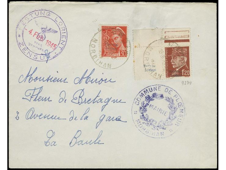 1,20 Fr. aus der linken oberen Bogenecke mit zusätzlich überdrucktem Leerfeld und 30 C. mit Stempel "GROIX MORBIHAN 18 H 8 -2