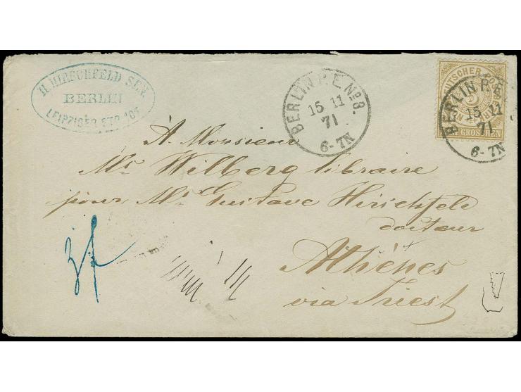  GRIECHENLAND: 1869, 5 Groschen ocker, farbfrisch und gut gezähnt mit sauberem EKr. "BERLIN P.E. No.8 15 11 71" auf Briefkuve