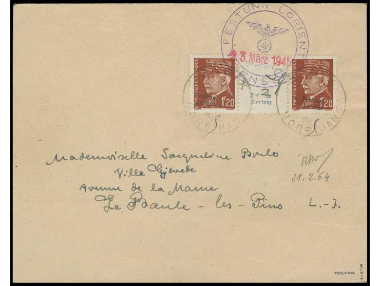 1,20 Fr. im waagerechten Zwischenstegpaar mit STEMPEL "FESTUNG LORIENT ZENSUR -9.MÄRZ.1945" bzw. "GROIX MORBIHAN" auf Brief n