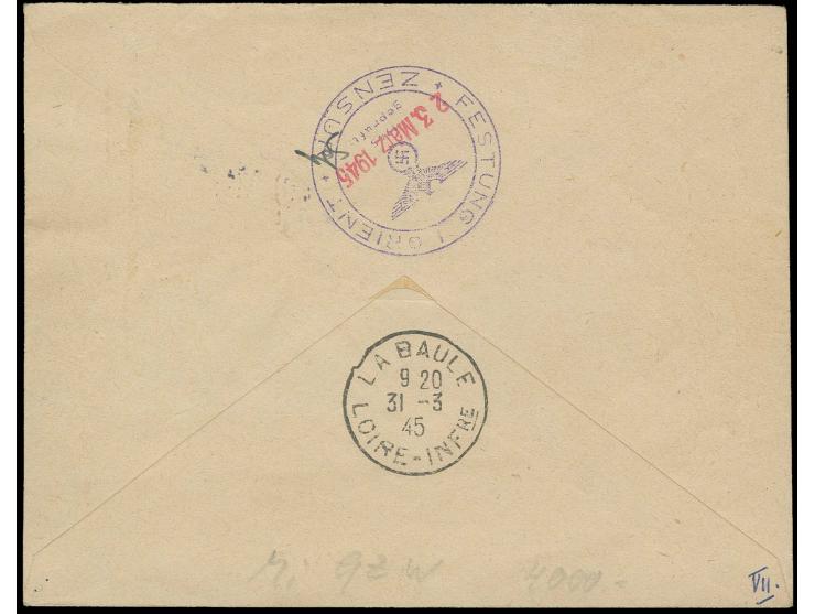 1,20 Fr. im waagerechten Zwischenstegpaar mit STEMPEL "FESTUNG LORIENT ZENSUR -9.MÄRZ.1945" bzw. "GROIX MORBIHAN" auf Brief n