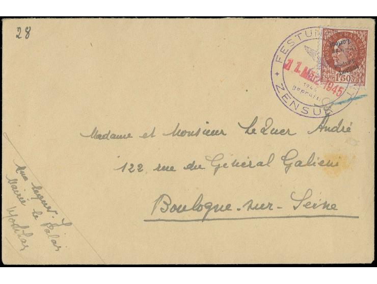 1,50 Fr. rotbraun mit doppeltem Aufdruck, davon einer kopfstehend mit Stempel  "FESTUNG LORIENT ZENSUR 11. März 1945" auf Bri
