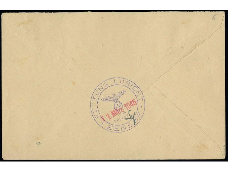 1,50 Fr. rotbraun mit doppeltem Aufdruck, davon einer kopfstehend mit Stempel  "FESTUNG LORIENT ZENSUR 11. März 1945" auf Bri