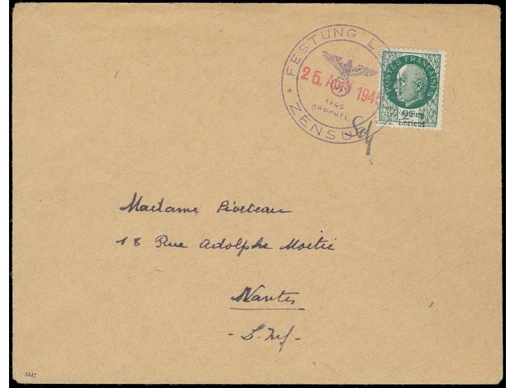 2 Fr. mit Stempel "FESTUNG LORIENT ZENSUR 25.APRIL.1945" auf portogerechtem Brief nach Nantes, einwandfrei, sehr selten, u.a.